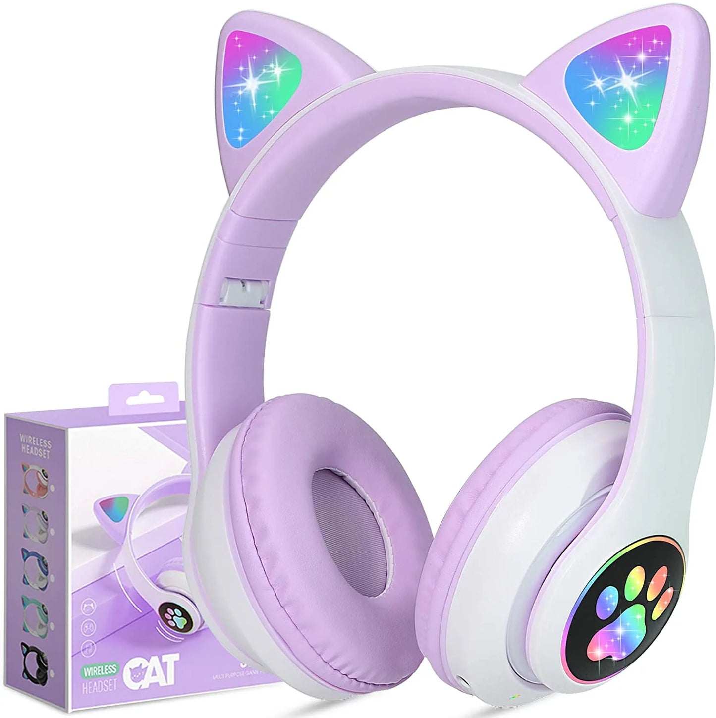 Kids Headphones, Cat Ear Wireless Headphones, LED Light up Kids Bluetooth Headphones over on Ear Black