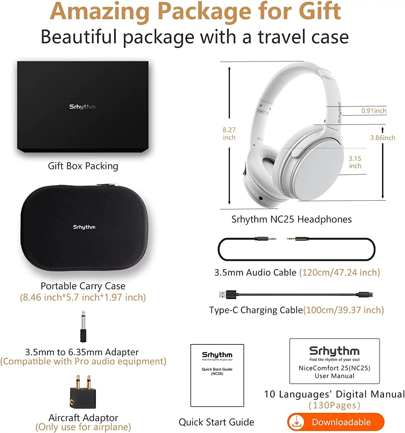 NC25 Noise Cancelling Stereo Headphones Bluetooth 5.3, ANC Headset Over-Ear with Hi-Fi,Mic,50H Playtime,Low Latency Game Mode